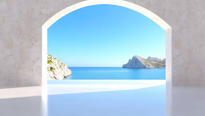 Beautiful Coastal View Through Stone Archway Featuring Turquoise Waters and Distant Islands Against a Clear Blue Sky Offers Tranquil Scenery and Vacation Atmosphere