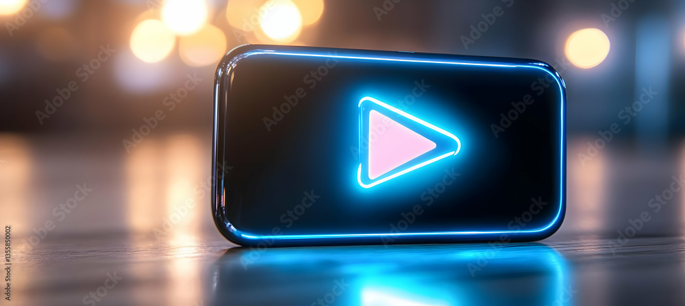 Poster black playback button with pink arrow graphic and neon blue outline on a shiny surface with bokeh li