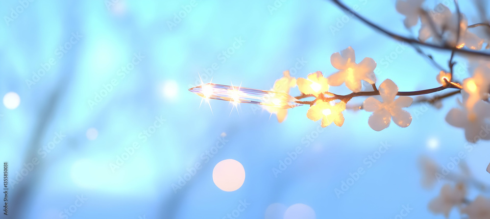 Poster blooming flowers branch with white petals against a soft blue background in springtime radiating a g