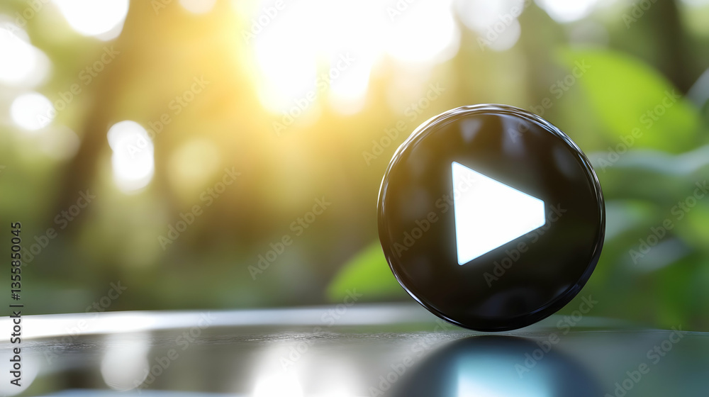 Poster black play button on wet surface with bokeh sunlight and green leafy background in a natural environ