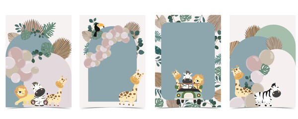 Boho arch template background with paper palm leaves and balloons © piixypeach