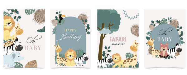 cute boho safari template banner for a4 vertical design with paper palm leaves