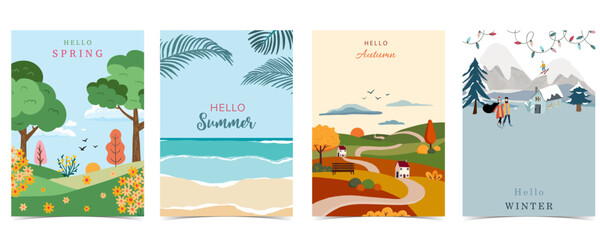 Four season holiday landscape background with mountain and tree for a4 vertical design