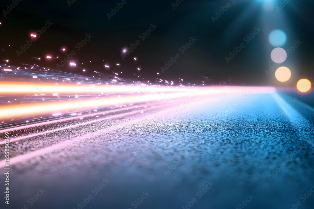 Poster blurred motion of streaks of light in abstract digital background with blue and orange hues speed an