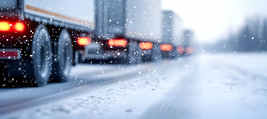 Blurred Row of Semi Trucks Driving on Snowy Road with Red Tail Lights During Heavy Snowfall in Winter Season for Commercial Delivery and Transportation Background