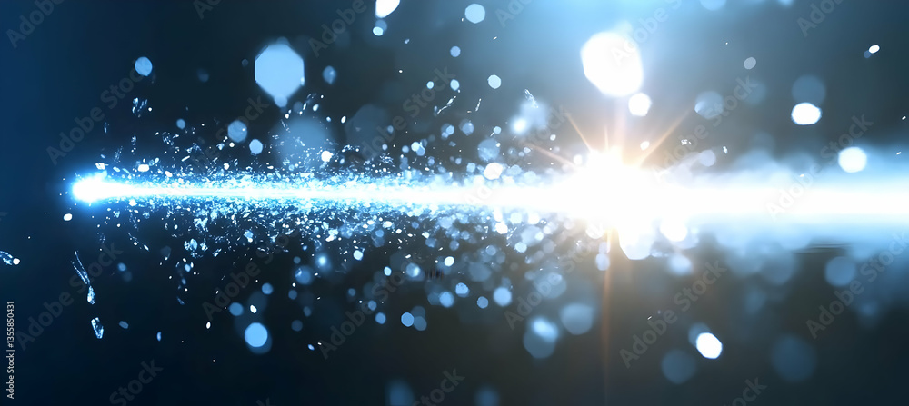 Poster bright light streaks through space with blue particle trails abstract background with intense flares