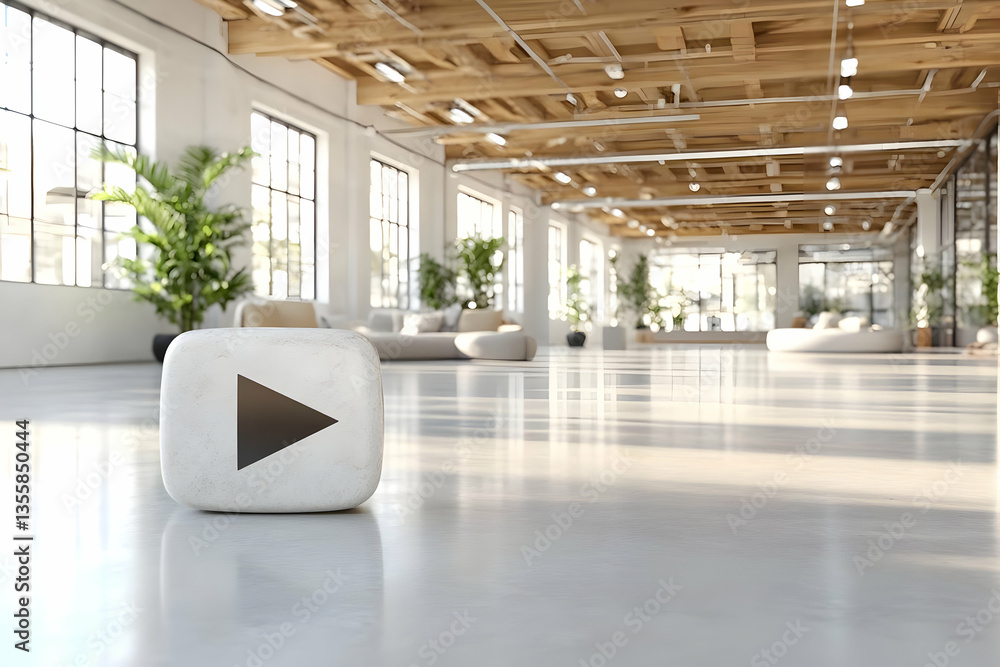 Poster bright modern open office space interior with white walls and play button overlay clean lines and wo