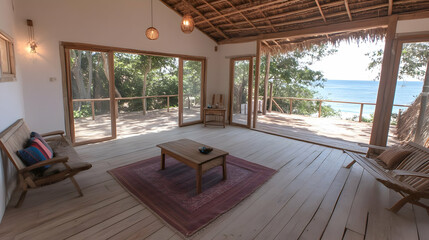 Bright Living Room Overlooking the Ocean with Wood Accents Natural Light White Walls Wicker Furniture and Beach Views with Open Layout Creating a Coastal Retreat Ideal for Vacation