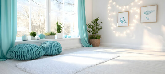 Bright Room with White Carpet Turquoise Accents and Natural Light Illuminating Potted Plants and Modern Decor Creating a Cozy Minimalist Living Space with Clean Design