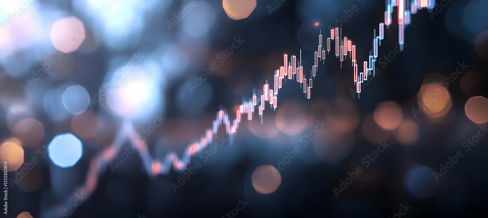 Poster candlestick chart analysis with bokeh lights in the background showing business data financial inves