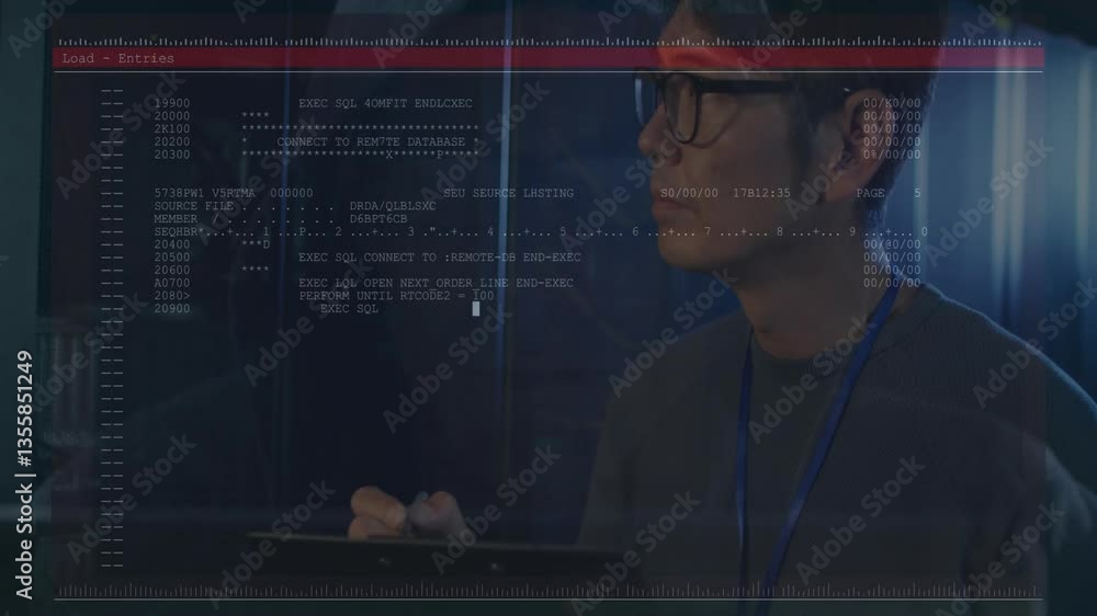 Poster analyzing data, person with glasses viewing screen with code and graphs animation