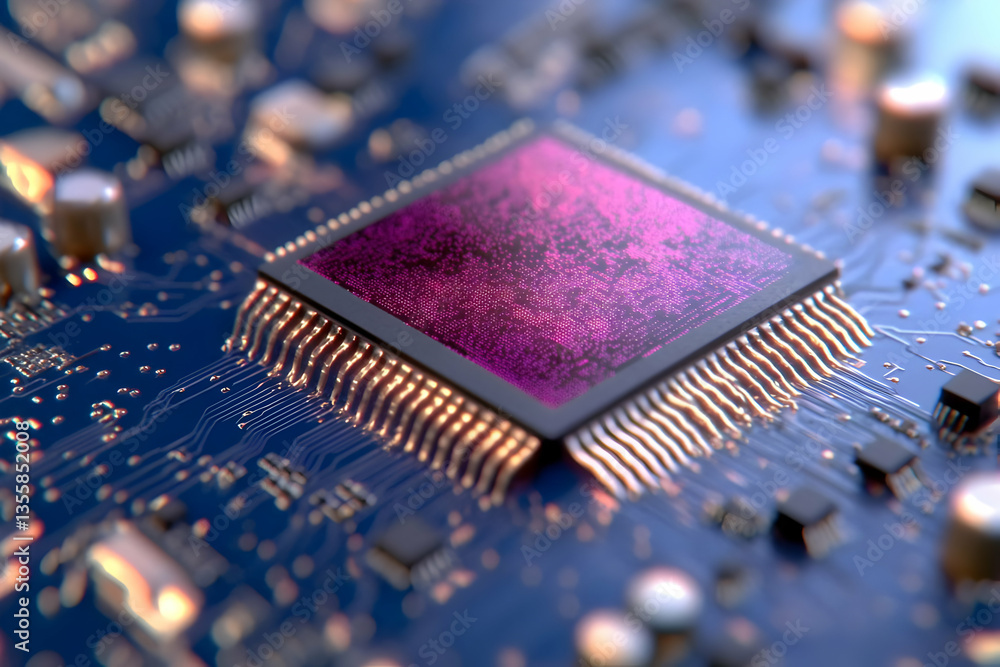 Poster close up of a blue circuit board with a pink microchip featuring golden pins and black electronic co