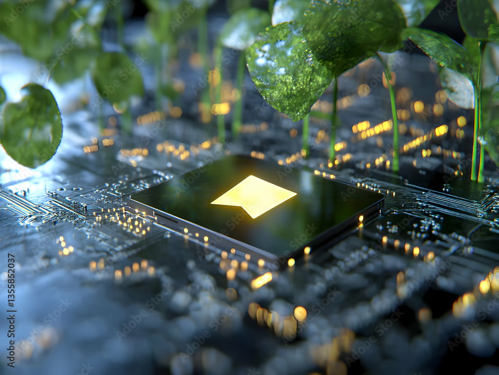 Poster close up of a circuit board with a glowing microchip under young green plants artificial intelligenc