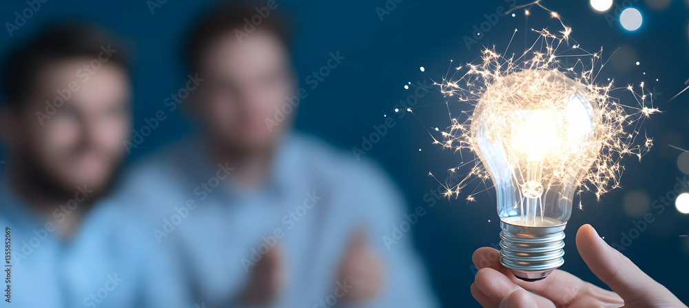 Poster close up of a glowing lightbulb held by a person with two men in the blurred background showcasing i