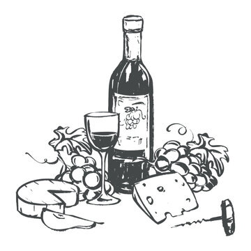 wine bottle, glass, cheese, grapes sketch clip art preview