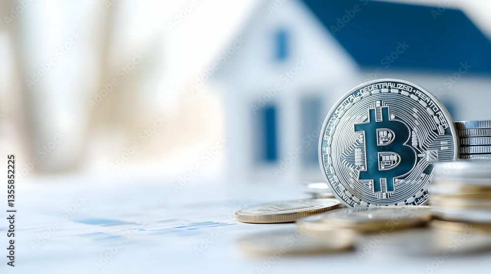 Poster close up of bitcoin and stack of coins with miniature house in background on a graph paper with a so