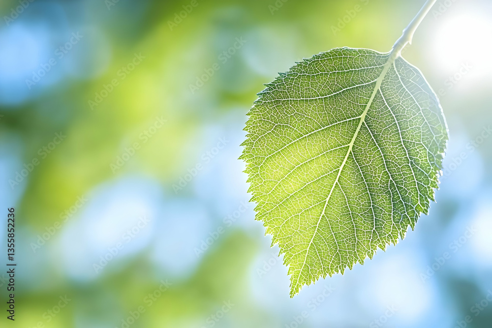 Poster close up of a translucent green leaf with detailed veins against a bright sunny sky with blurred bac