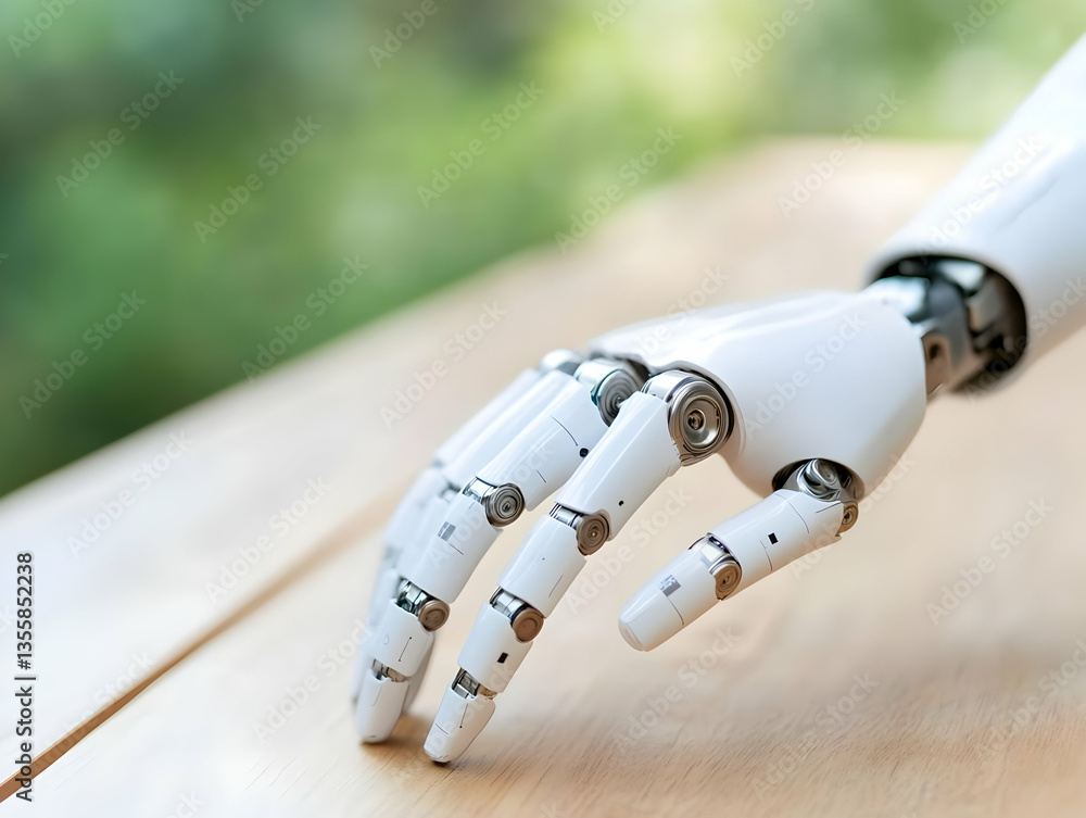 Poster close up of a white robotic hand on wood surface against defocused green background artificial intel