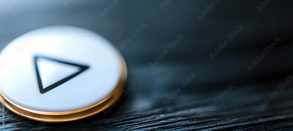 Poster close up of a white play button with gold trim on a textured dark surface indicates media control an