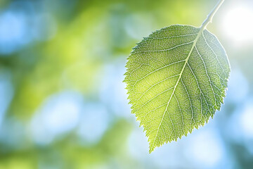 Close Up of a Translucent Green Leaf with Detailed Veins Against a Bright Sunny Sky with Blurred Background in Soft Lighting Creating a Fresh and Minimalist Nature Themed Image