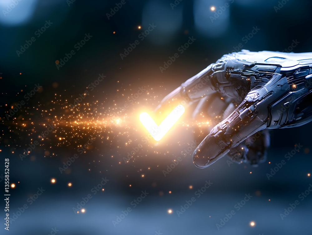 Poster close up of cybernetic hand activating glowing check mark with metallic texture on a dark blue abstr