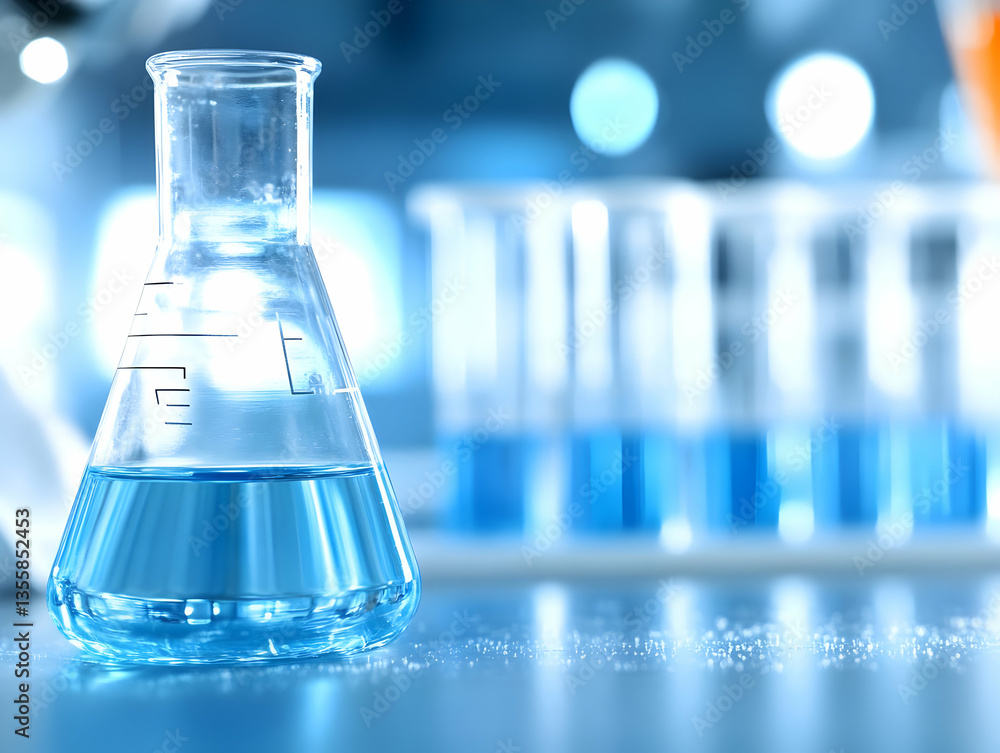 Poster close up of erlenmeyer flask and test tubes with blue liquid in a science laboratory with soft focus