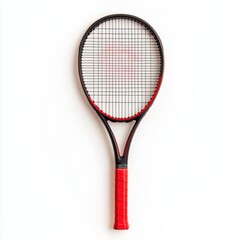 Modern tennis racket with sleek black and red design, isolated on white background