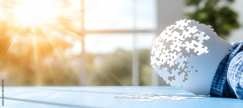 Poster close up of hand on blue table near blurred window with bright sunlight and bokeh against indoor mod
