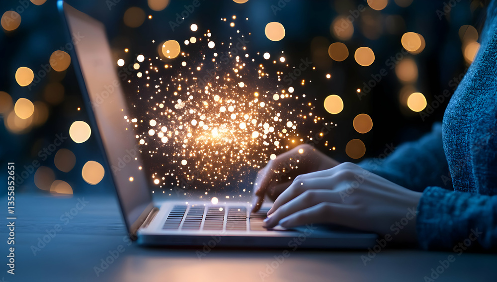 Poster close up of hands typing on laptop keyboard with bokeh lights and glittering sparks floating around 