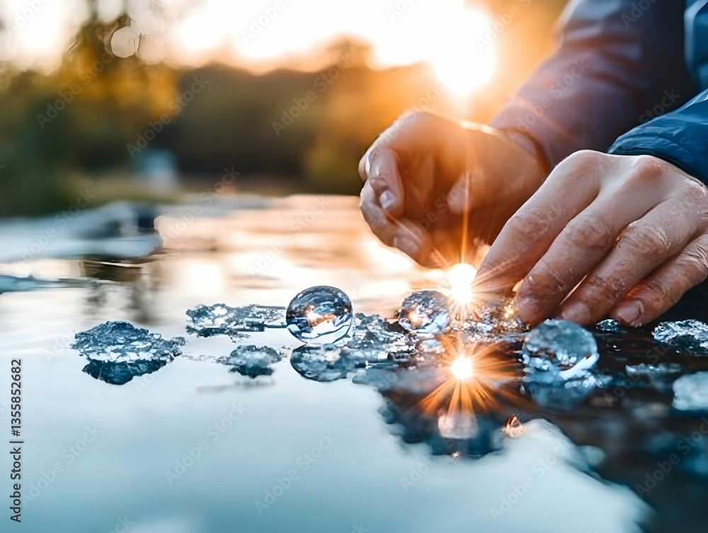 Poster close up of hands arranging ice spheres on water surface with bokeh sunlight creating a tranquil and