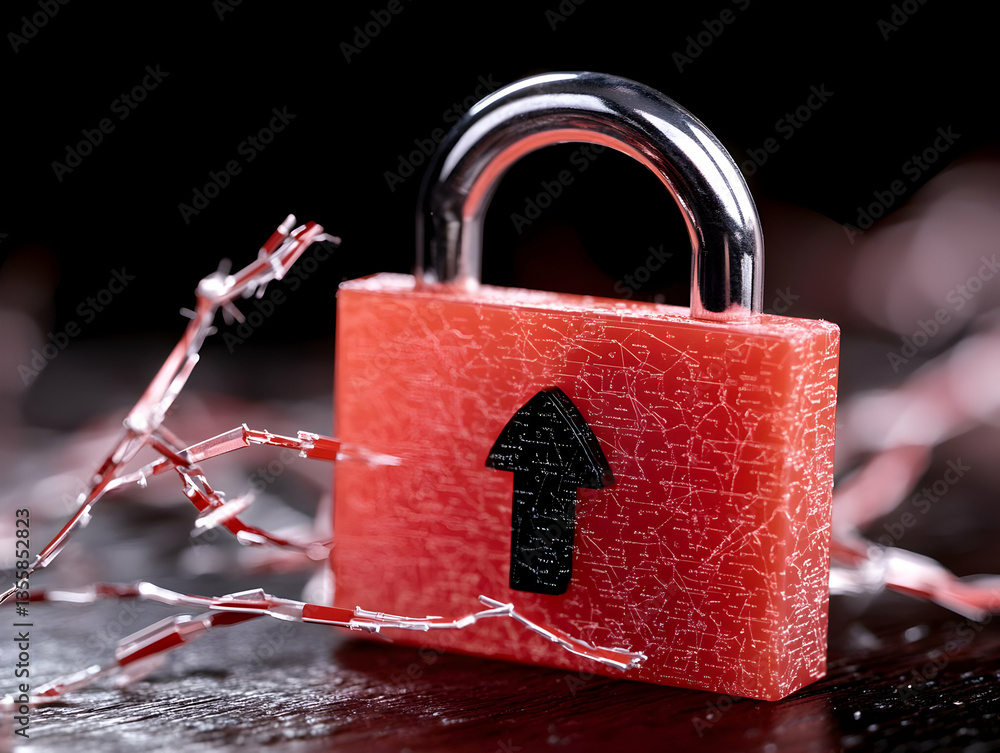 Poster close up of red padlock with up arrow symbol on dark wet surface surrounded by twigs safety and secu
