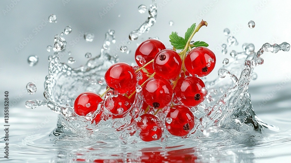 Poster red currants splashing into water, creating a vibrant, refreshing scene.