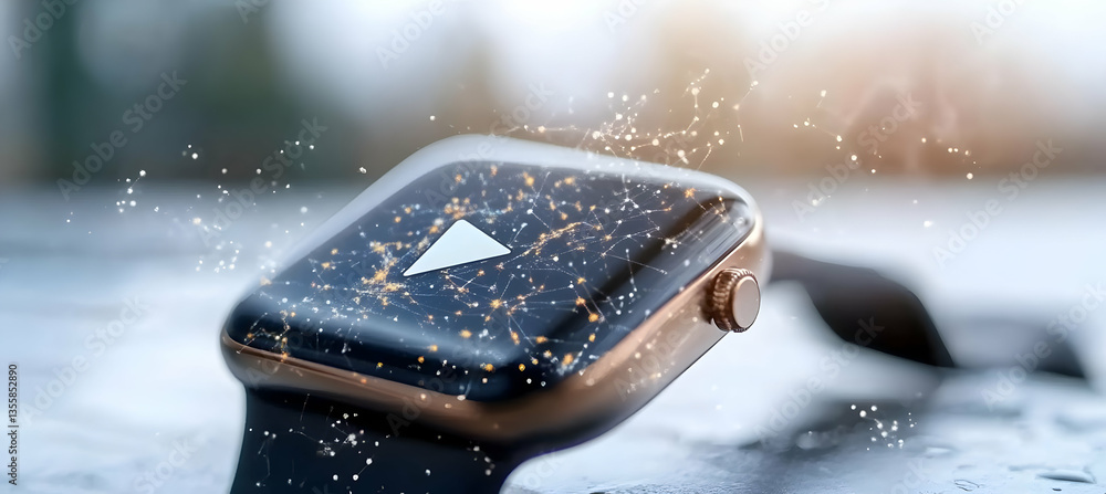 Poster close up of smartwatch device with golden metallic body displaying a play triangle and digital parti