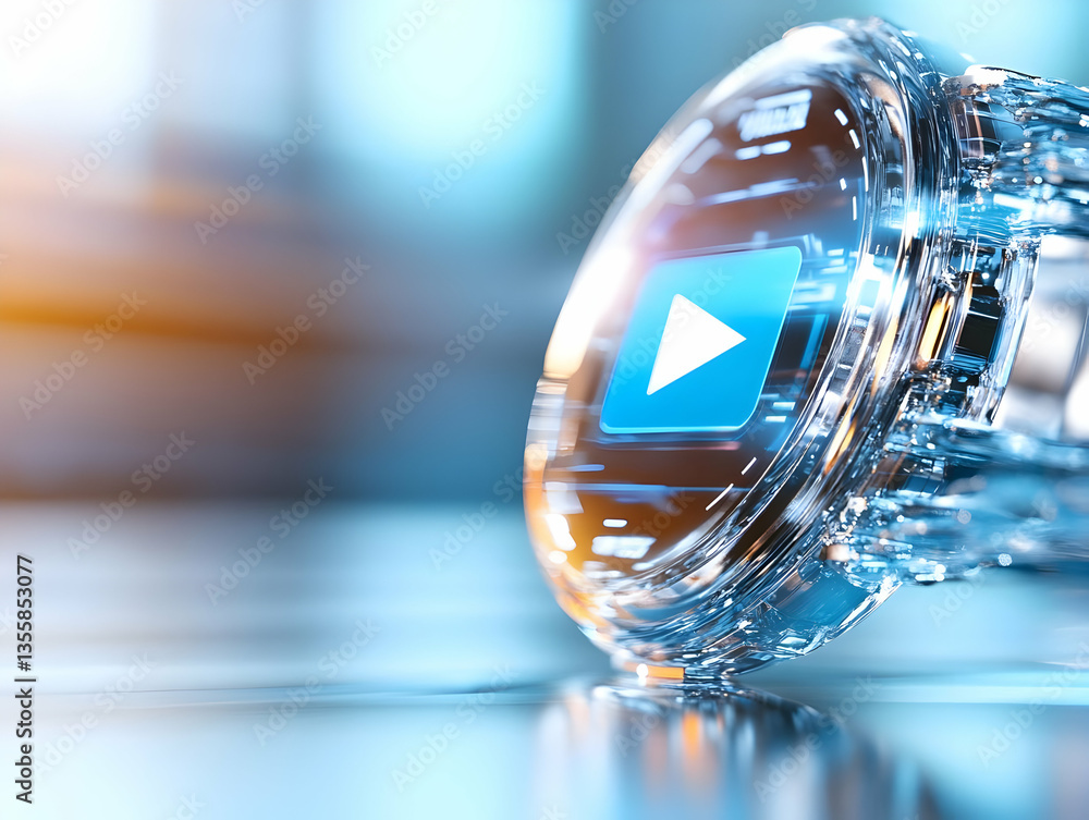 Poster close up play button hologram floating on table top with blurred background in blue tone and silver 