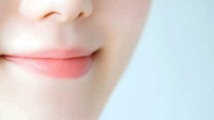 Obraz premium Close up on a Young Woman's Face Featuring Pink Glossy Lips Smooth Skin and Clean Complexion in Soft Natural Lighting for Beauty and Cosmetics Concepts