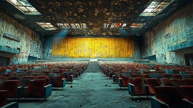 Interior of a vintage and worn theatre with rows of empty seats, creating an abandoned look