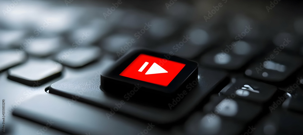Poster closeup of black keyboard with red triangle play button for multimedia online streaming in dim light
