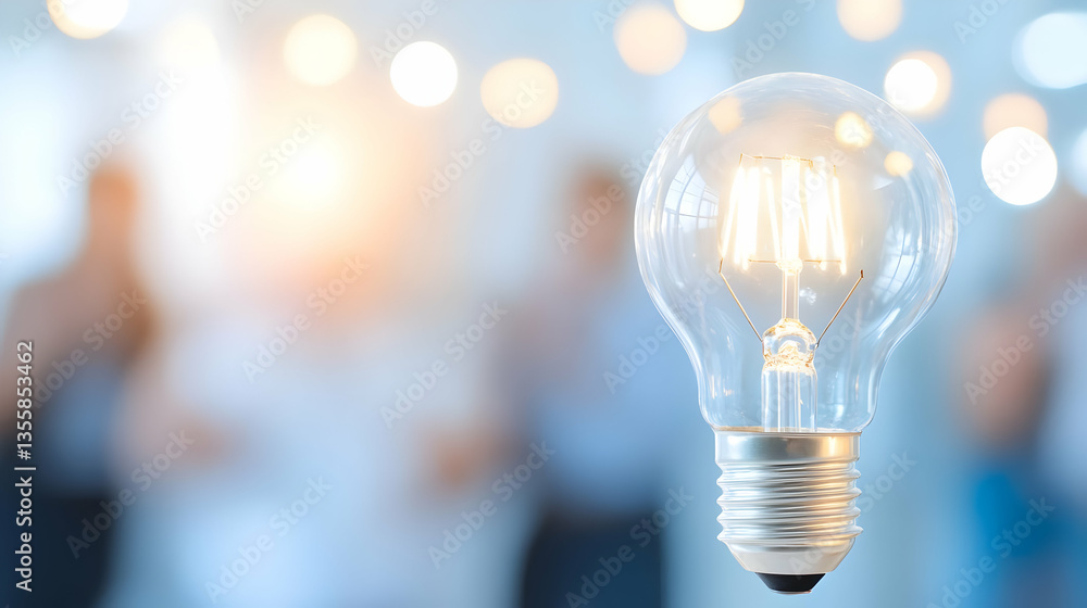 Poster conceptual lightbulb with illuminated filament and blurred business team in a meeting room with soft
