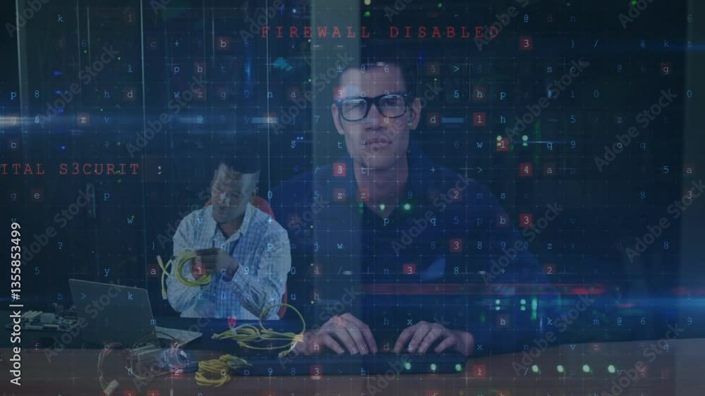 Poster cybercrime and malware detection animation over two men working with cables