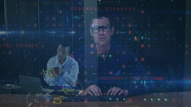 Cybercrime and malware detection animation over two men working with cables