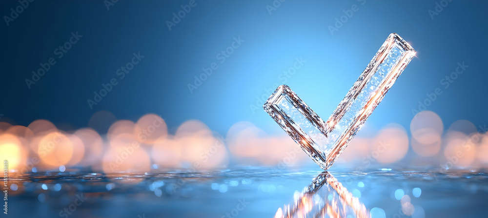 Poster crystal check mark over sparkling surface on dark blue background illustrating a positive option gra