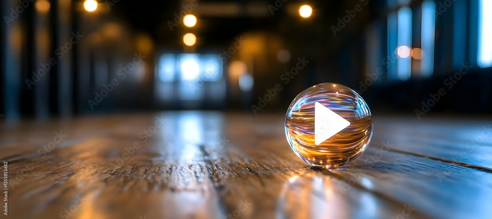 Aufkleber crystal ball sphere with play button on dark wood table with bokeh lights abstract blurred backgroun