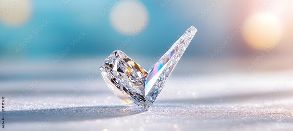 Poster crystalline check mark shining on glittery surface against blurred bokeh lights symbolizing success 