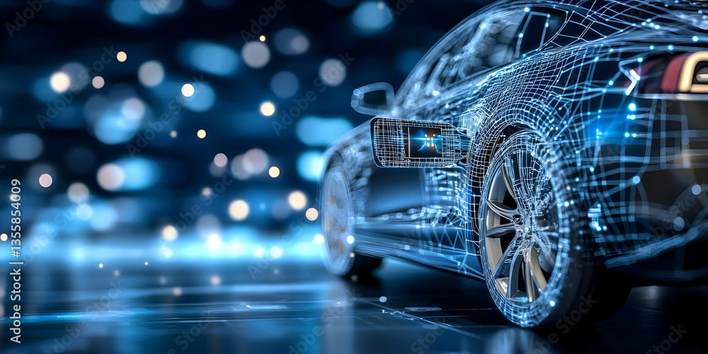 Poster digital car vehicle concept featuring electric automobile technology network and modern design in bl