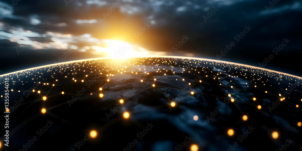 Poster digital global network connection on planet earth with golden light and dark cloudscape represents m