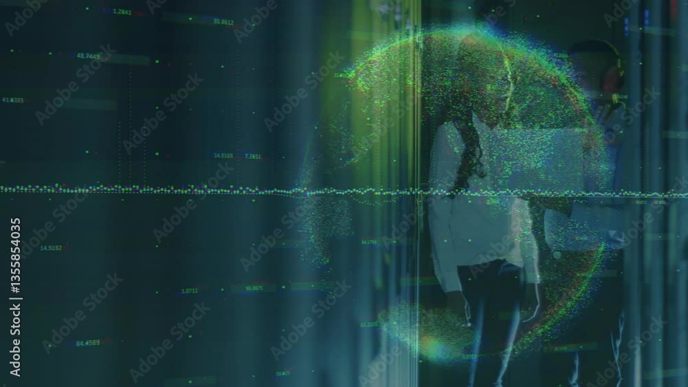 Poster digital globe and data visualization animation over people interacting in office