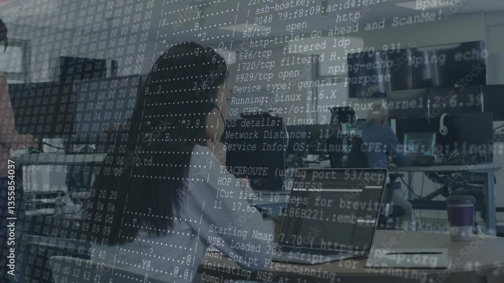 Aufkleber animation of computer code overlaying people working at office desks with laptops