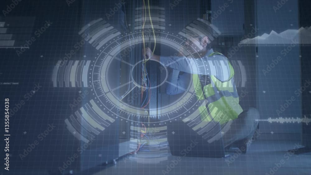 Poster working on cables, technician with animation overlay in data center