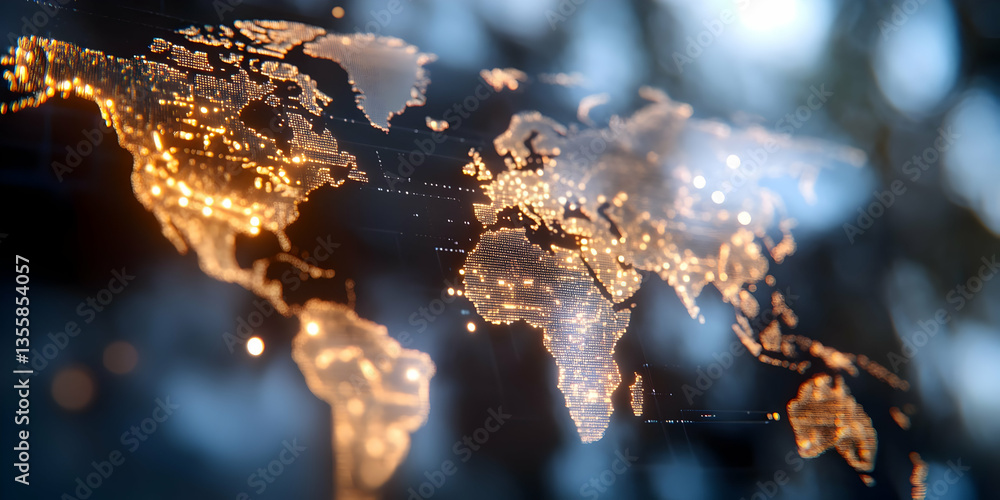 Poster detailed world map with city lights glowing in gold on blue background representing global connectio