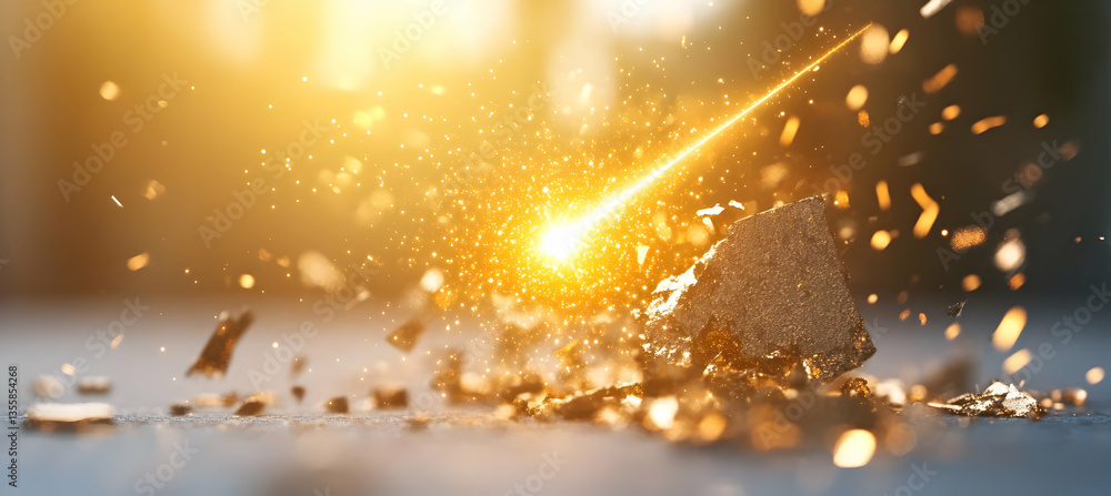 Poster dramatic collision of golden sparks and black rock featuring high speed impact dynamic motion energy
